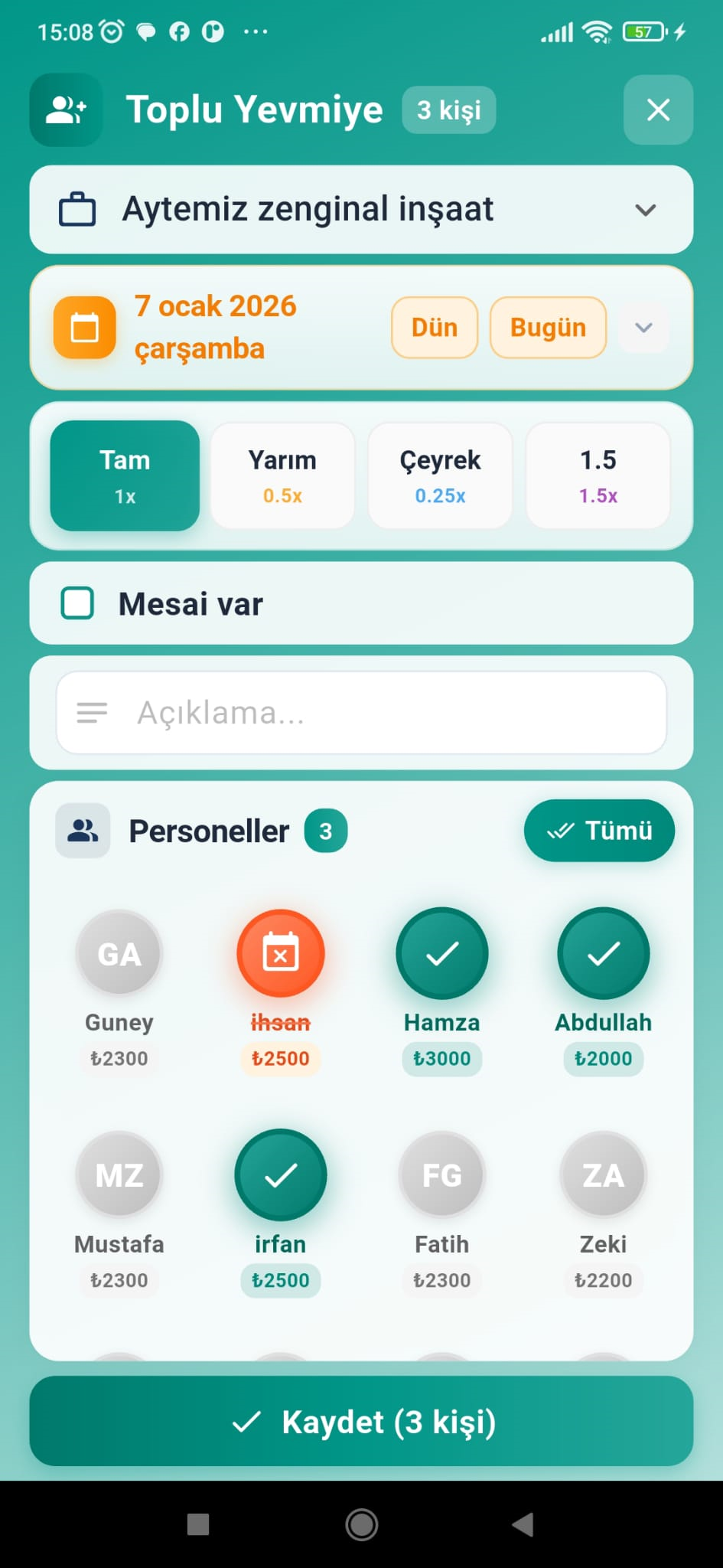 Toplu Yevmiye Girişi