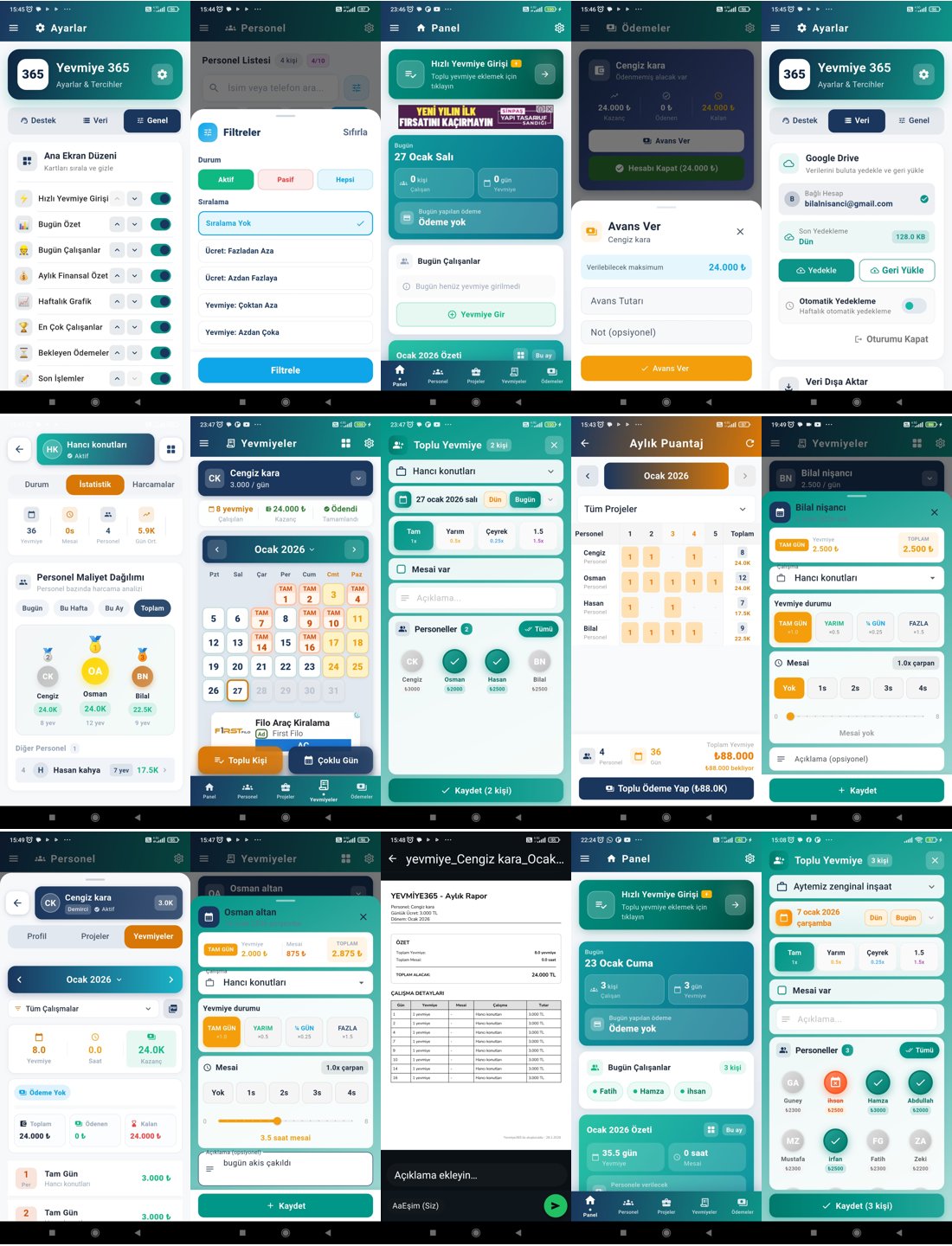 Yevmiye365 uygulama ekran görüntüleri